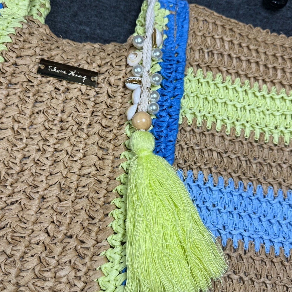Shore Thing Woven Straw Beach Tote Bag‎ Striped Blue Lime Green Shell Tassel - Picture 4 of 12